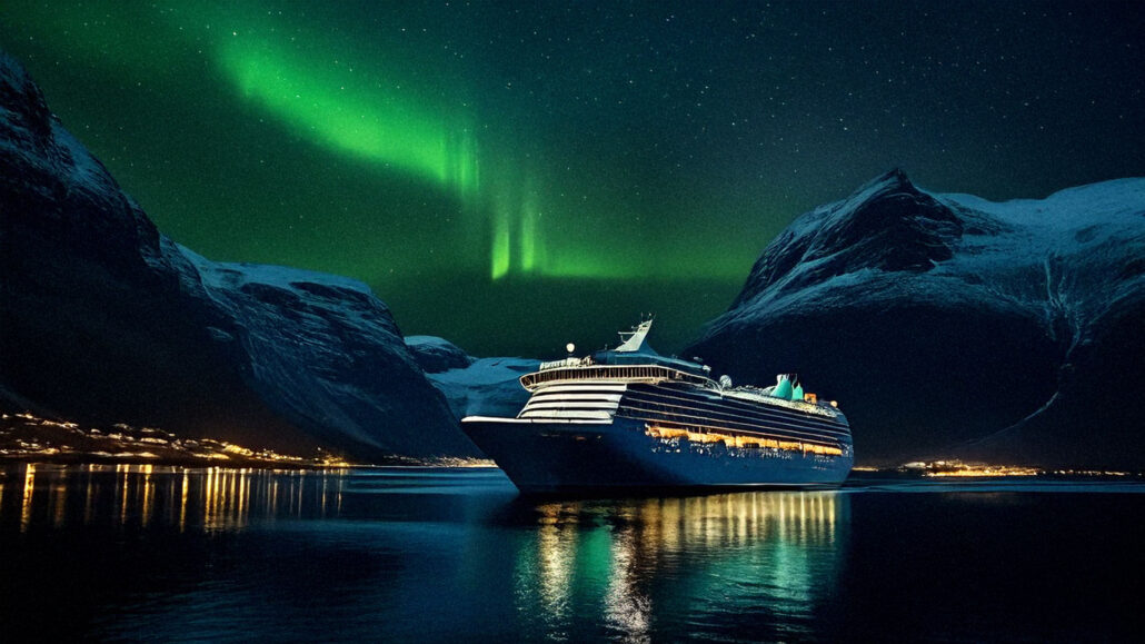 Kreuzfahrtschiff in einem Norwegischen Fjord mit Aurora Borealis Krimidinner Skandinavien