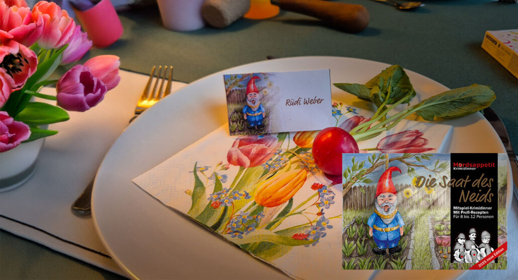 Tischgedeck mit einem Radieschen für den Gartenkrimi