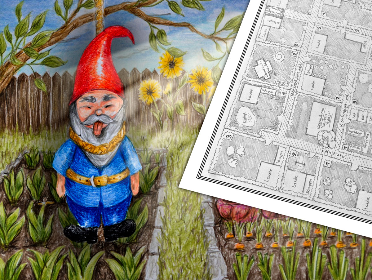 Ein Gartenzwerg hängt an einem Seil an einem Baum - Moodbild Schrebergartenkrimidinner